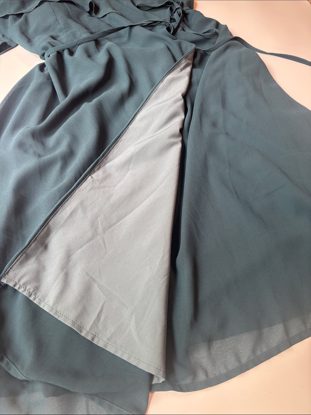 One-Shoulder Teal Ruffle Wrap Dress - Picture 2 of 2